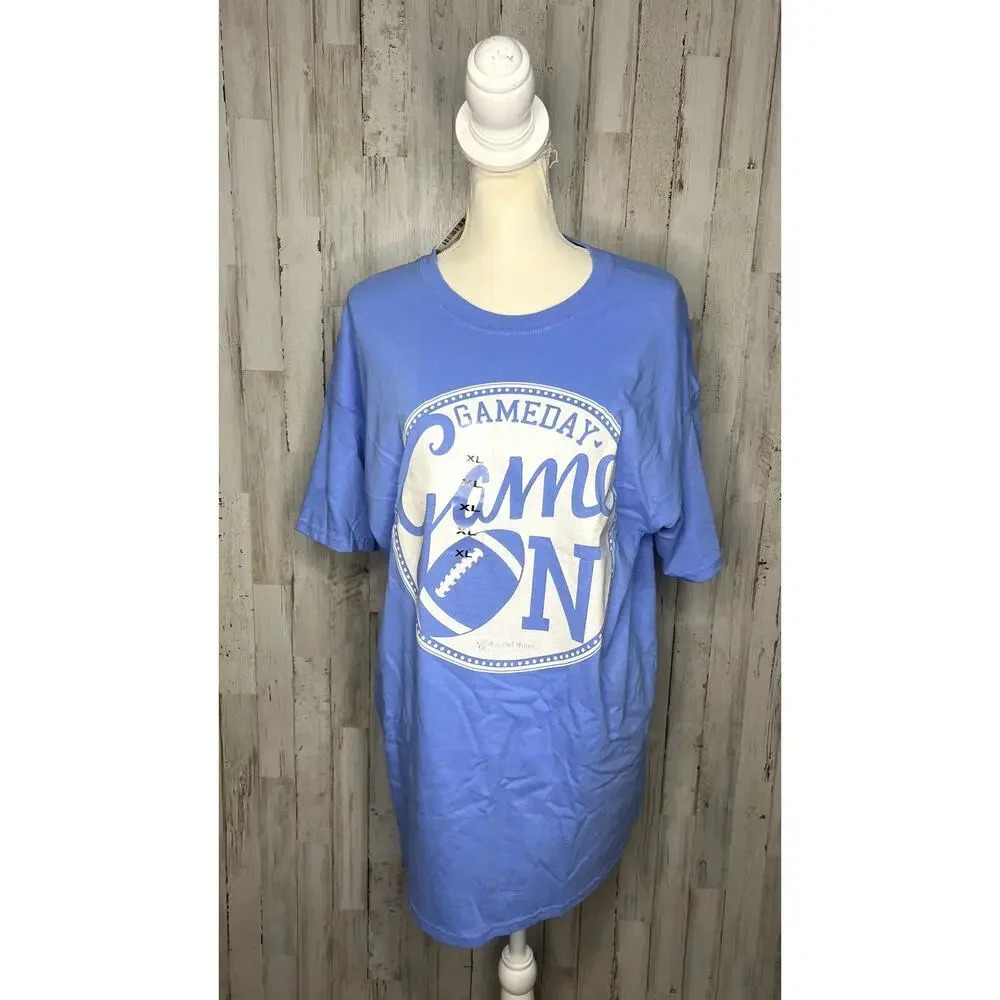 NWT UNC Women's Game Day "Game On" Football Graphic T-Shirt Light Blue Size XL‎
